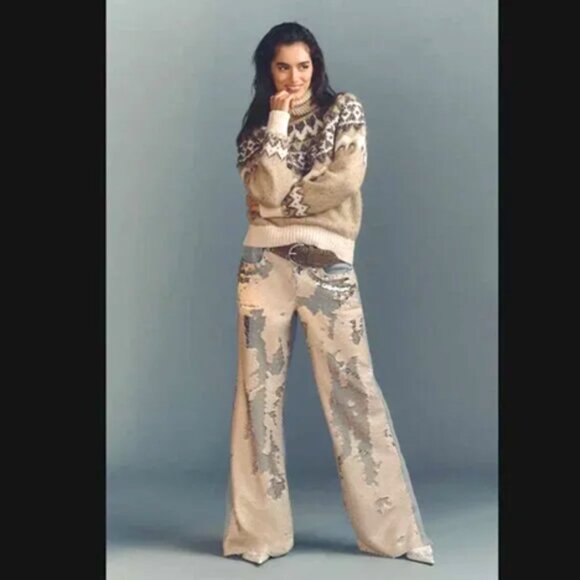 NWT $168 PILCRO Anthropologie champage sequin front wide leg high rise jeans 28 - Picture 4 of 12